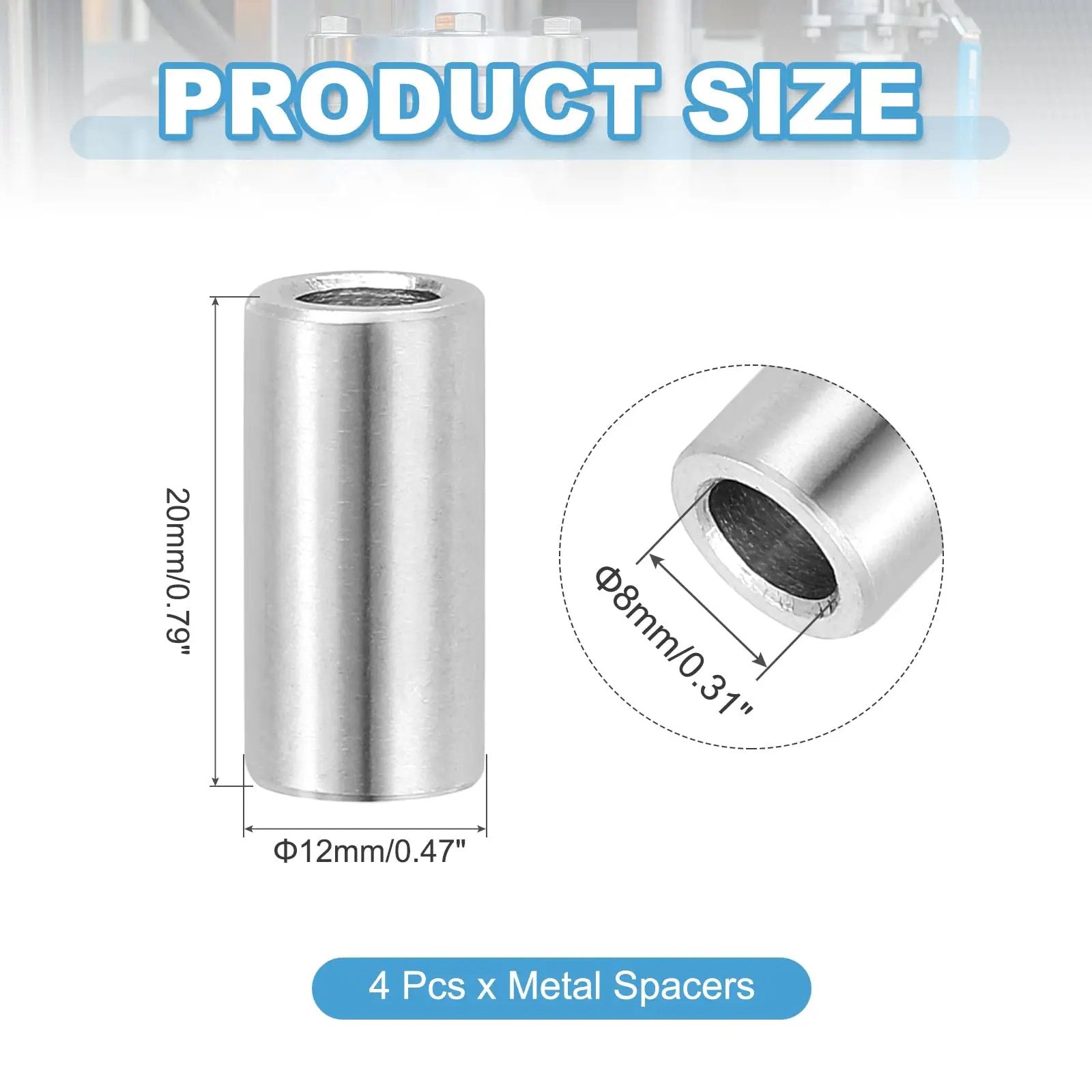 Stainless Steel Spacer Kit Four Pieces 8mm ID 12mm OD 20mm Height 304 Grade Bushing Standoff Unthreaded Round Spacers
