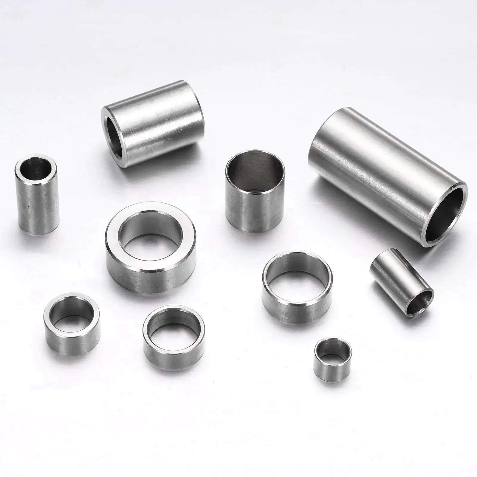Six Piece M10 Stainless Steel Spacers Set Unthreaded Standoff Bushings For Screws Bolts 10x16x30mm displayed on white surface