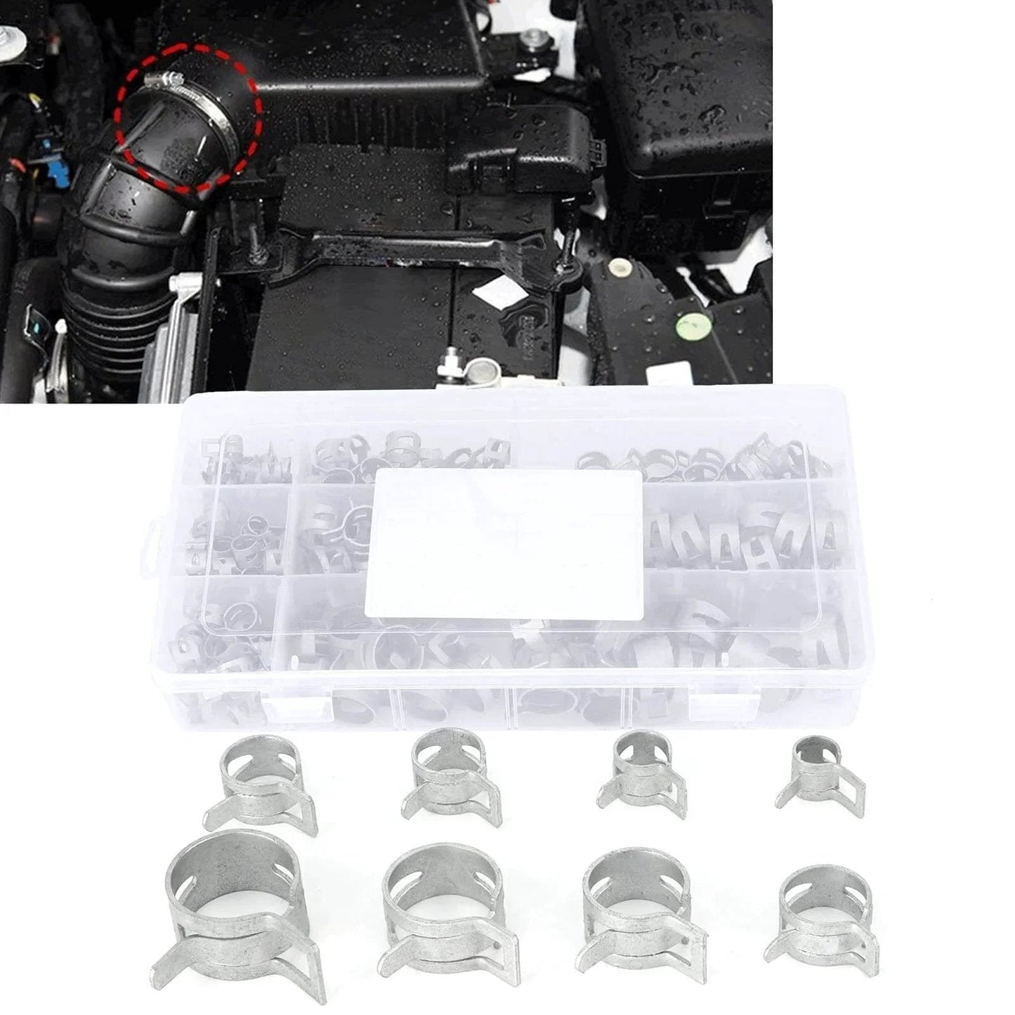 160Pcs 304 Stainless Steel Spring Clips Hose Clamps Set In Eight Sizes 6.5 To 18 Millimeter for automotive use, box view.
