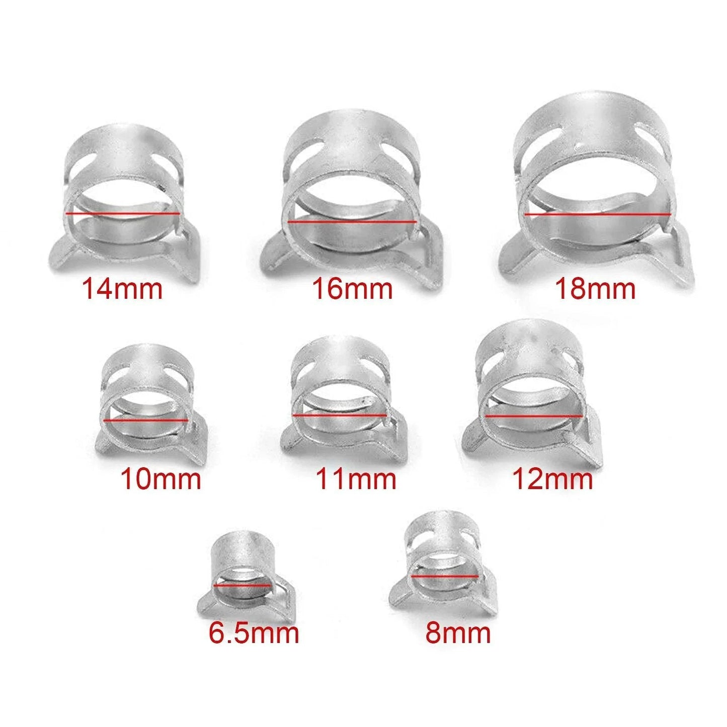 160Pcs 304 Stainless Steel Spring Clips Hose Clamps Set In Eight Sizes 6.5 To 18 Millimeter For Fuel Petrol Pipe Hose And Cable Clamps Durable Corrosion Resistant Automotive Grade Premium Quality