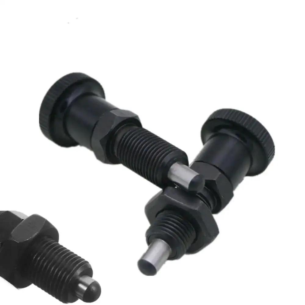 Two Pack Retractable Spring Plunger Ball Loaded Pin M6 Non Locking Indexing Knob Pin, black and silver, stainless steel, front view