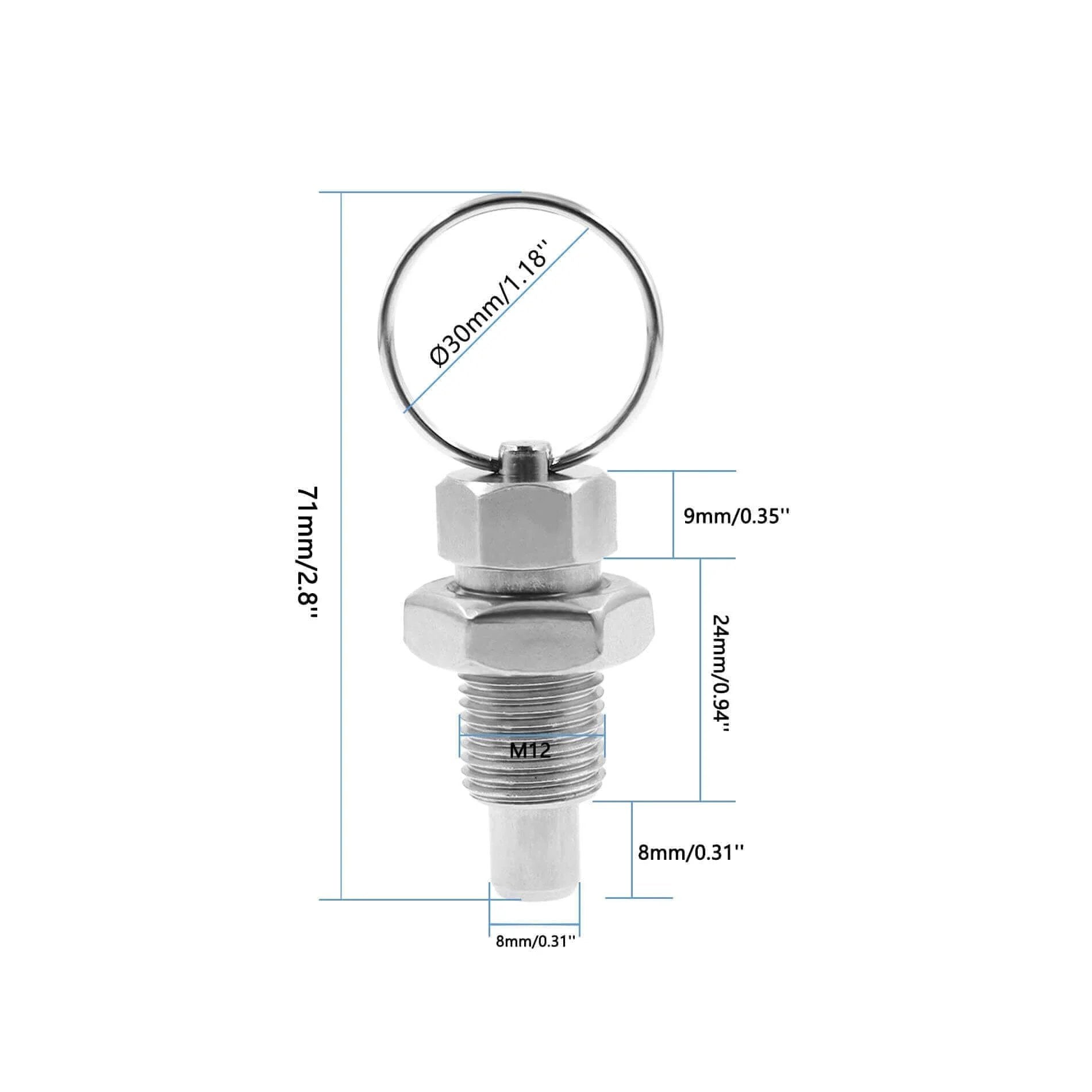Stainless Steel Spring Plunger with Pull Ring Set, Stubby Hand-Retractable Non-Locking Index Plunger, Mixed Sizes, M12-8mm Front View