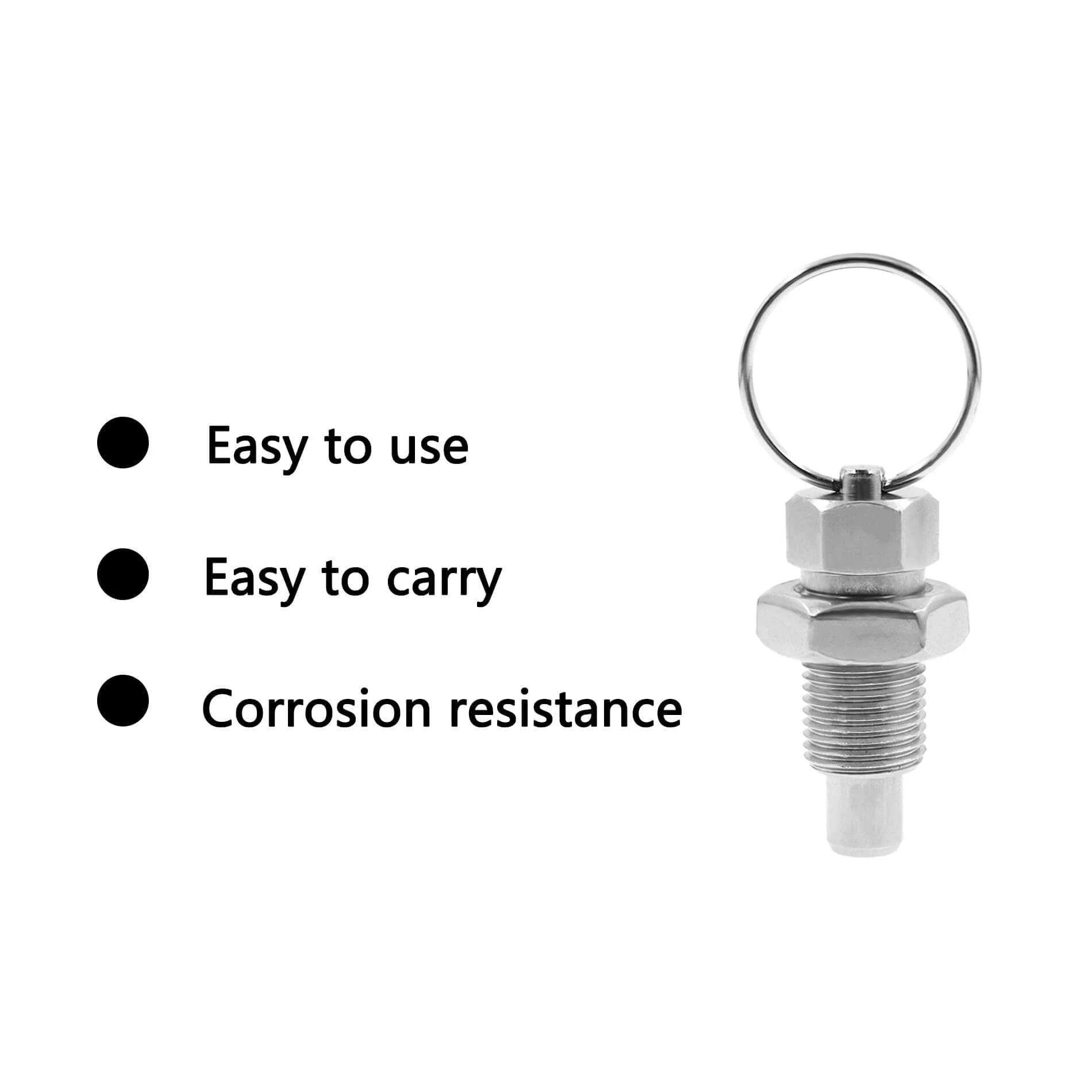 Stainless Steel Spring Plunger with Pull Ring Set, Stubby Hand-Retractable Non-Locking Index Plungers beside use benefits text.
