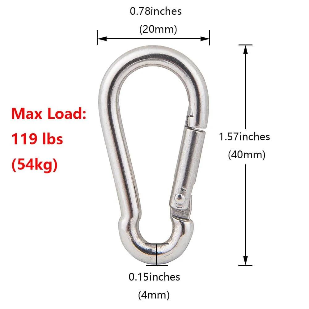 Spring snap hook from ✝️ 6Pcs 304 Stainless Steel M15 Single Pulley Block, max load 119 lbs, dimensions labeled for marine system use.
