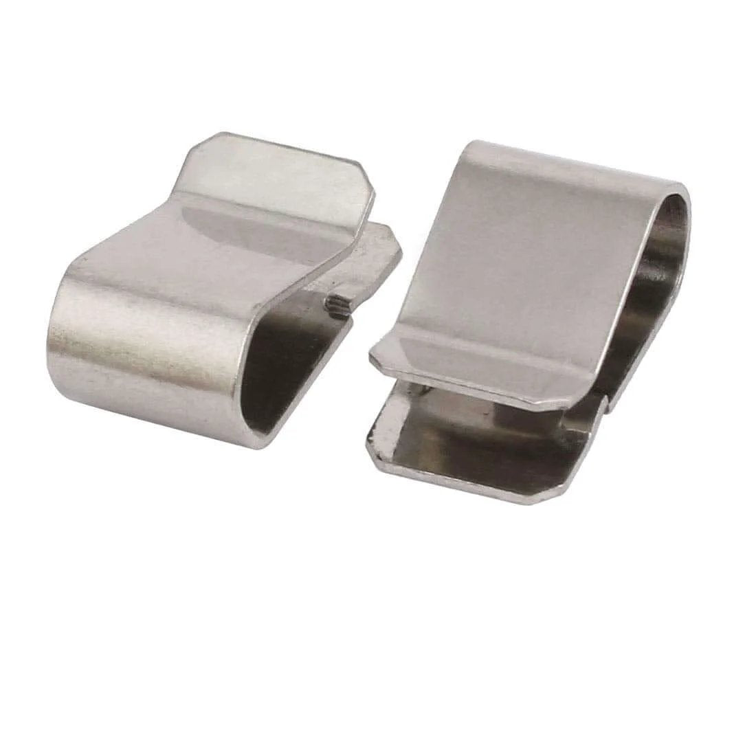 Close-up of 20pcs Stainless Steel Spring U Clip Silver Tone 21.4mm x 12mm, two clips side by side, metal fasteners for panel mounting.