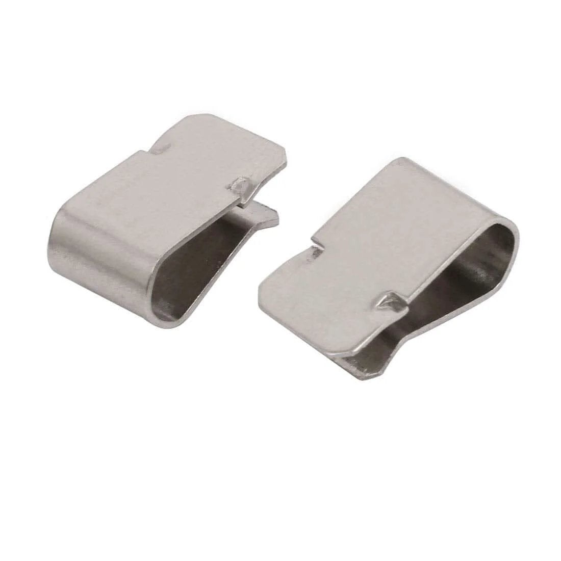 Close-up of 20pcs Stainless Steel Spring U Clip Silver Tone 21.4mm x 12mm, showing two clips, corrosion-resistant and ideal for panel mounting.