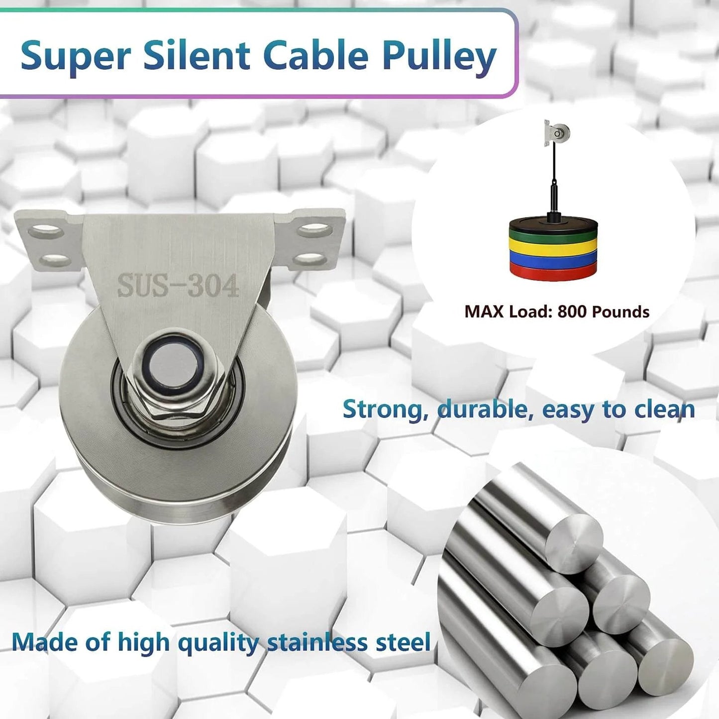 Stainless steel pulley block with mounting screws, showcasing strength and durability, for DIY gym equipment and sliding gates.