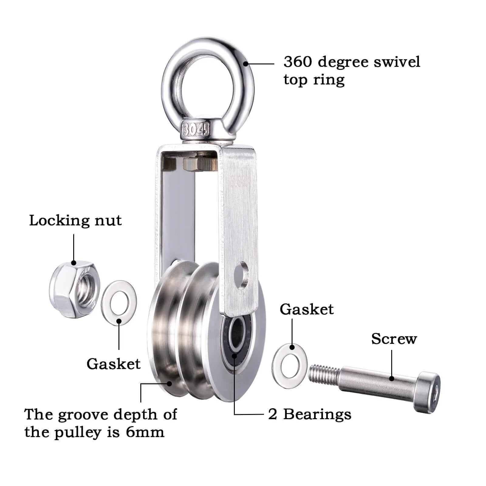 SHINICO Double Cable Pulley Block Heavy Duty Stainless Steel with 360° swivel, bearings, locking nut, and screw components.