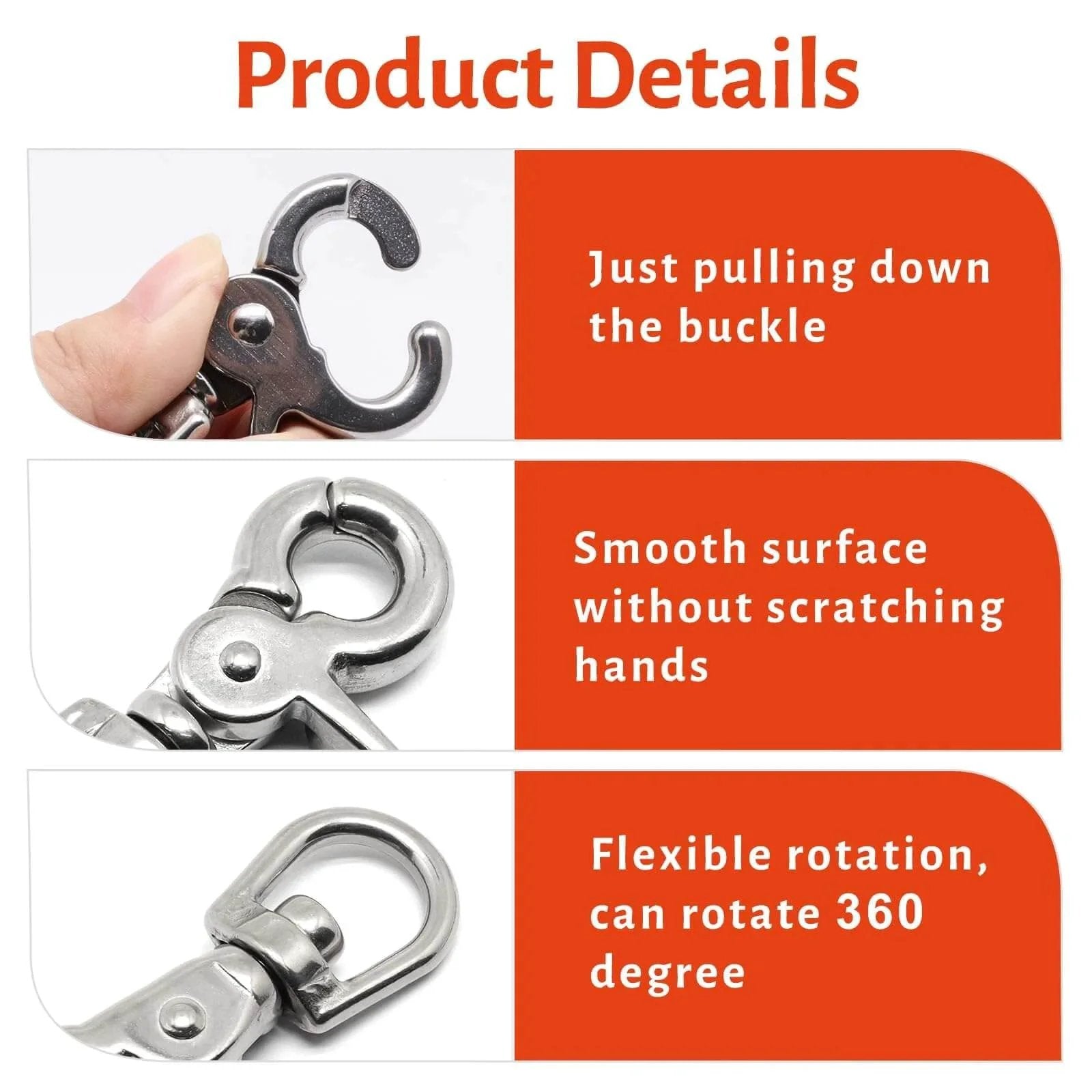 Product details for Two Pack Heavy Duty 316 Stainless Steel Trigger Snap Swivel Hooks Two And A Half Inch Polished Clip overview.