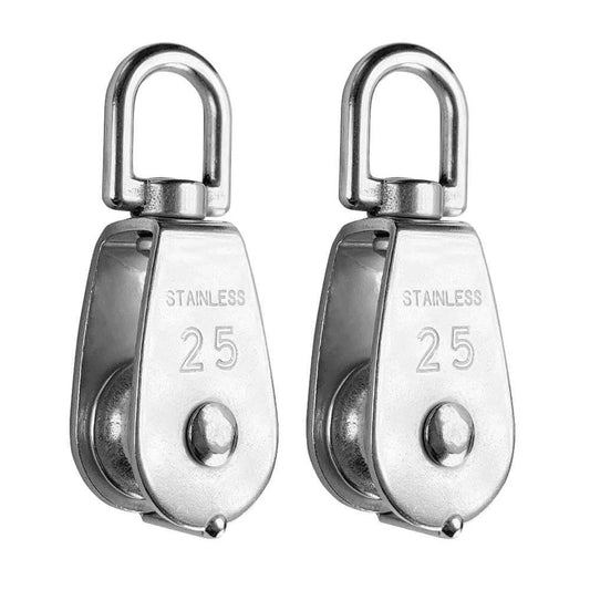 2pcs Stainless Steel M25 Lifting Crane Single Wheel Swivel Snatch Pulley Block 1/4" Rope x 1" Sheave Pulley Roller, 330 lbs Load