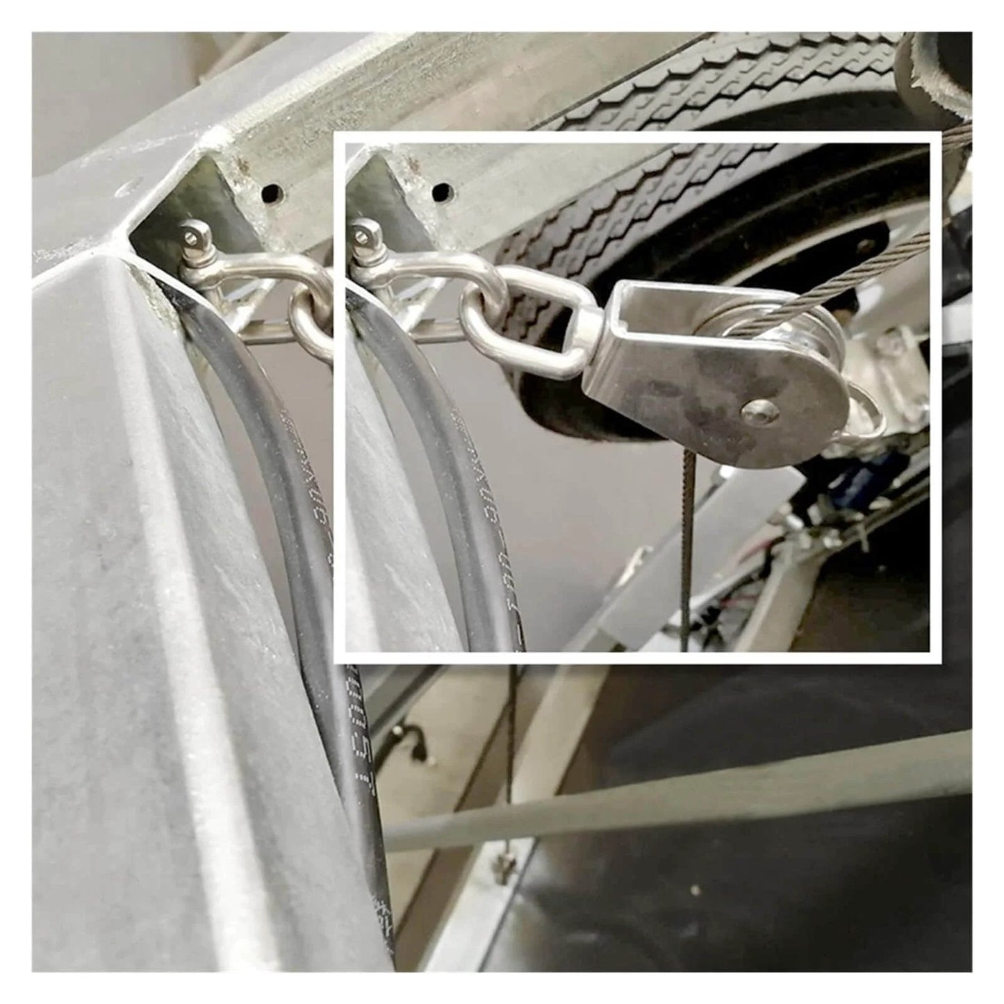 304 Stainless Steel Pully Single Wheel Swivel Pulley Block Lifting Rope 25mm Set installed in metal frame
