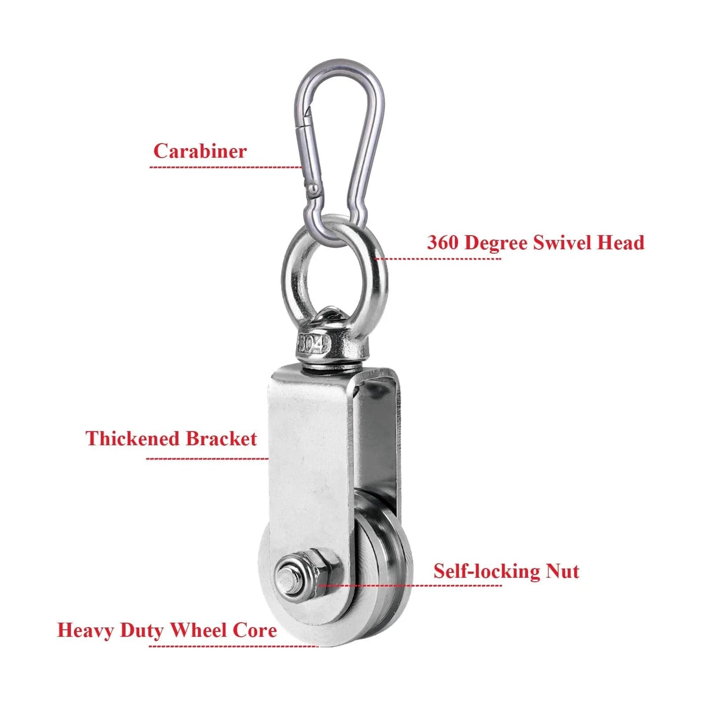 Pulley Wheel U Swivel Roller Stainless Steel Cable Pulley Block 360 Degree Rotating Rope Wheel with Carabiner, front view