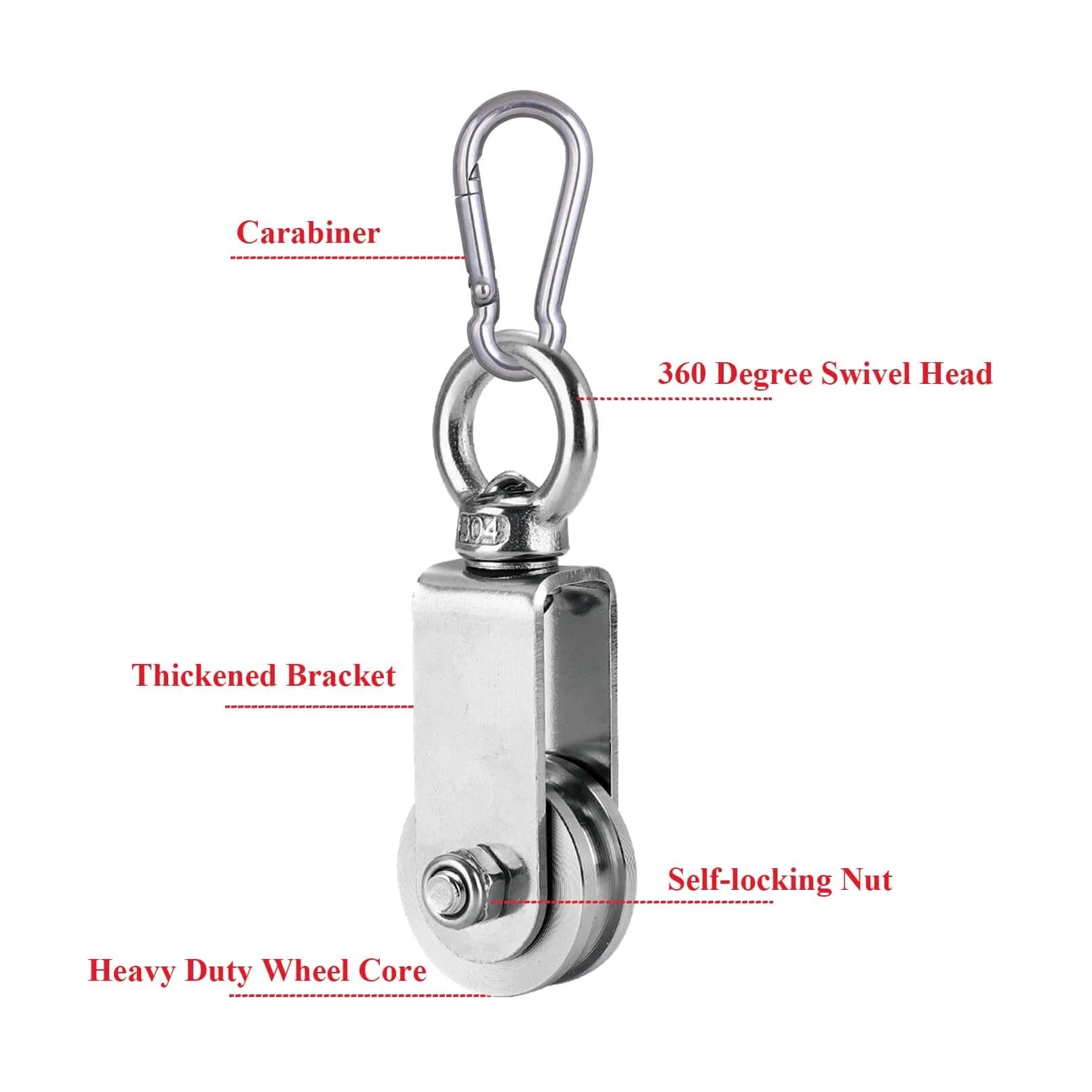 Pulley Wheel U Swivel Roller Stainless Steel Cable Pulley Block 360 Degree Rotating Rope Wheel with Carabiner, front view