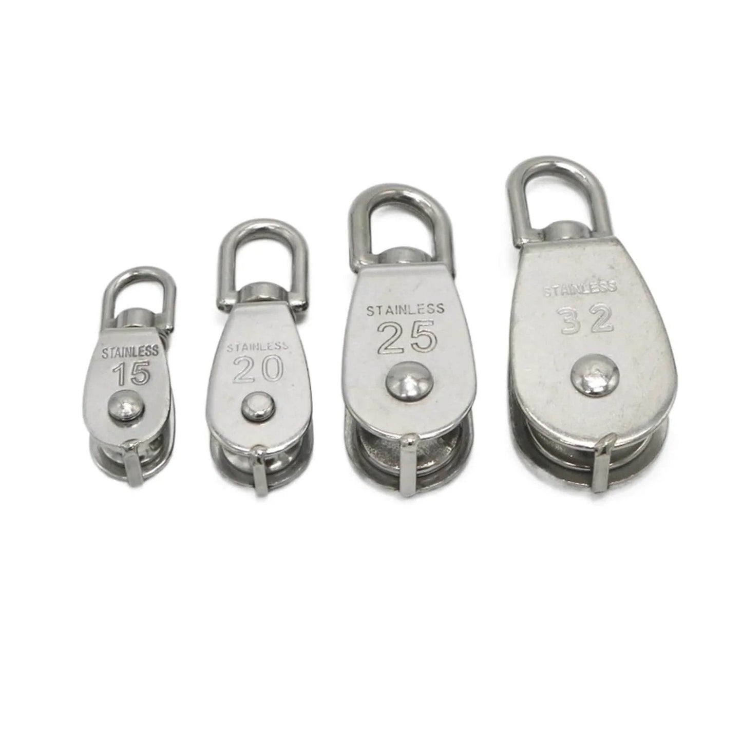 Four stainless steel rope pulleys showing different sizes, including the Single Swivel Lifting 0.3" Rope Pulley Roller Block Sheave 0.03 Ton(M20 Double)