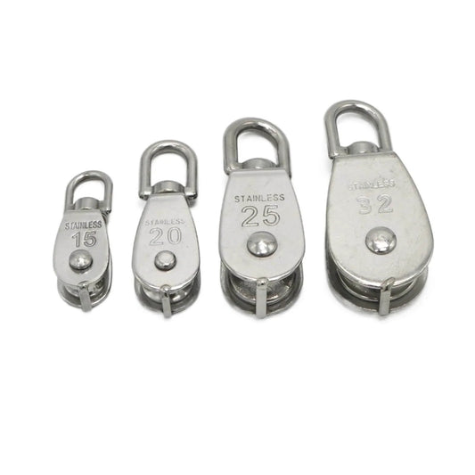 Four stainless steel rope pulleys showing different sizes, including the Single Swivel Lifting 0.3" Rope Pulley Roller Block Sheave 0.03 Ton(M20 Double)