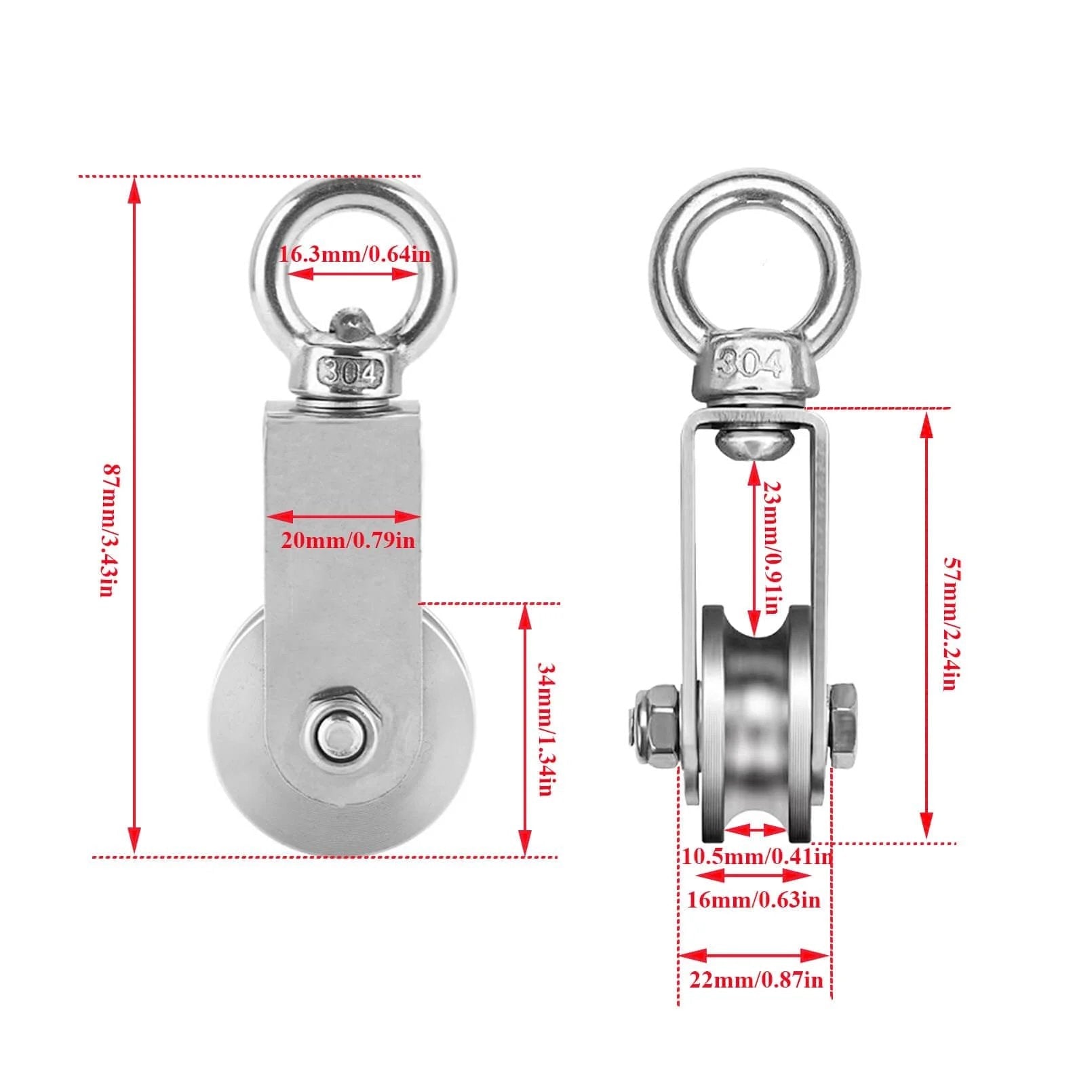 Front and side view of Pulley Wheel U Swivel Roller Stainless Steel Cable Pulley Block 360 Degree Rotating Rope Wheel with dimensions