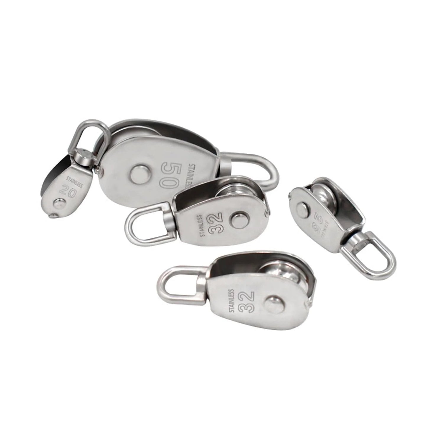 Stainless Steel Pulley M20 Single Wheel Swivel Lifting Rope Pulley Set Lifting Wheel Tools(M20) showing various sizes on white background.