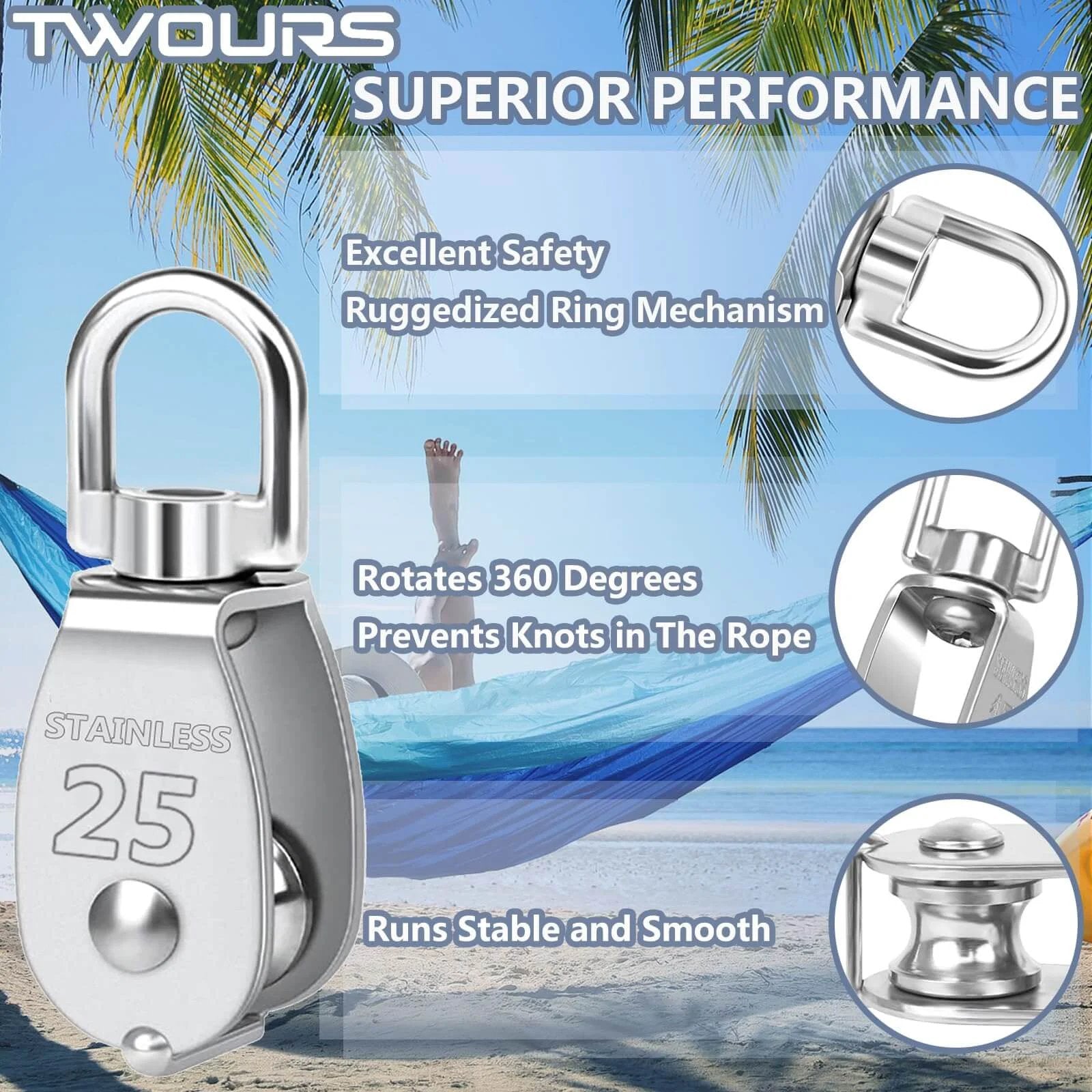 Twours Pulley 304 Stainless Steel Single Pulley Block M25 front view, showing robust build and swivel mechanism, with beach background.