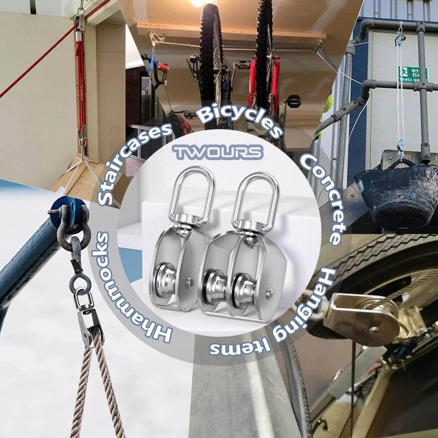 Twours Pulley 304 Stainless Steel Single Pulley Block M25 in various rigging scenarios, showcasing heavy-duty use and versatility.
