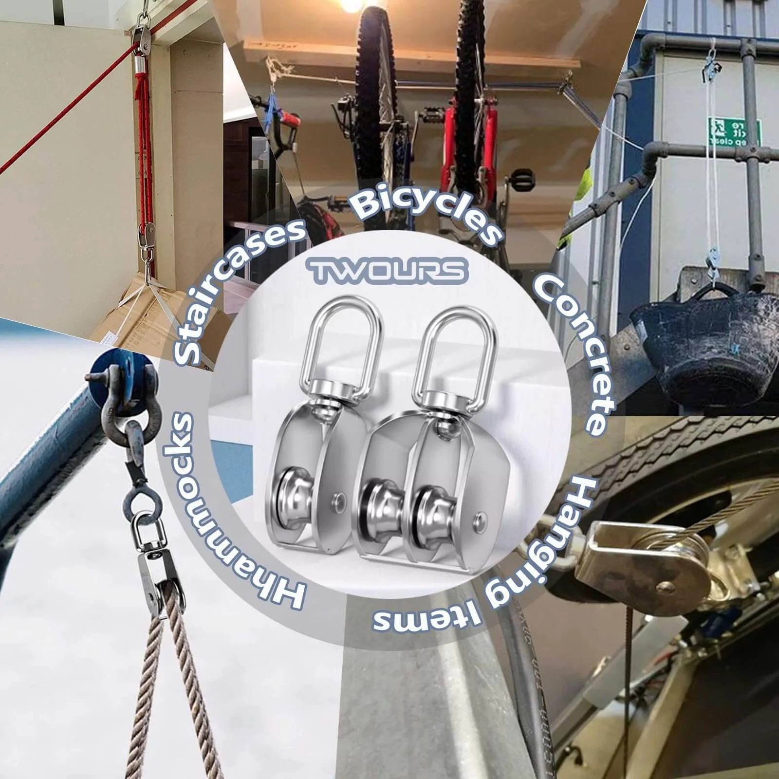 Twours Pulley 304 Stainless Steel Single Pulley Block M25 in various rigging scenarios, showcasing heavy-duty use and versatility.