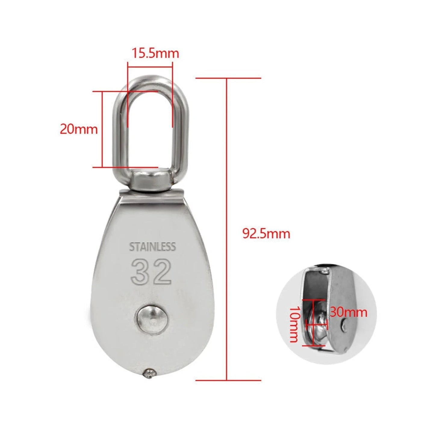 Front view of Stainless Steel Pulley M32 Single Wheel Swivel Lifting Rope Pulley Set showing dimensions and side detail.