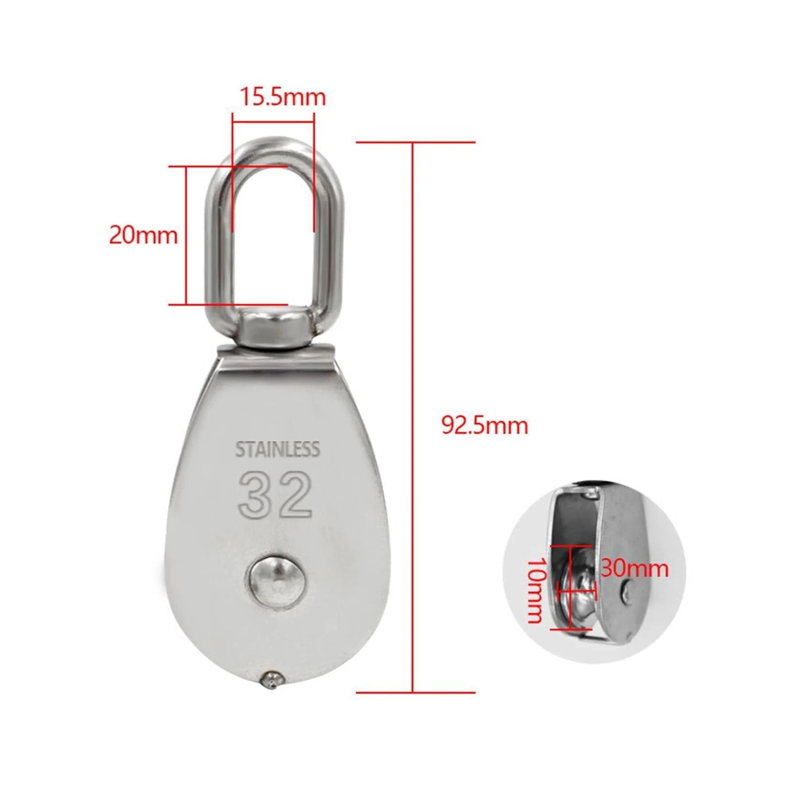 Front view of Stainless Steel Pulley M32 Single Wheel Swivel Lifting Rope Pulley Set showing dimensions and side detail.