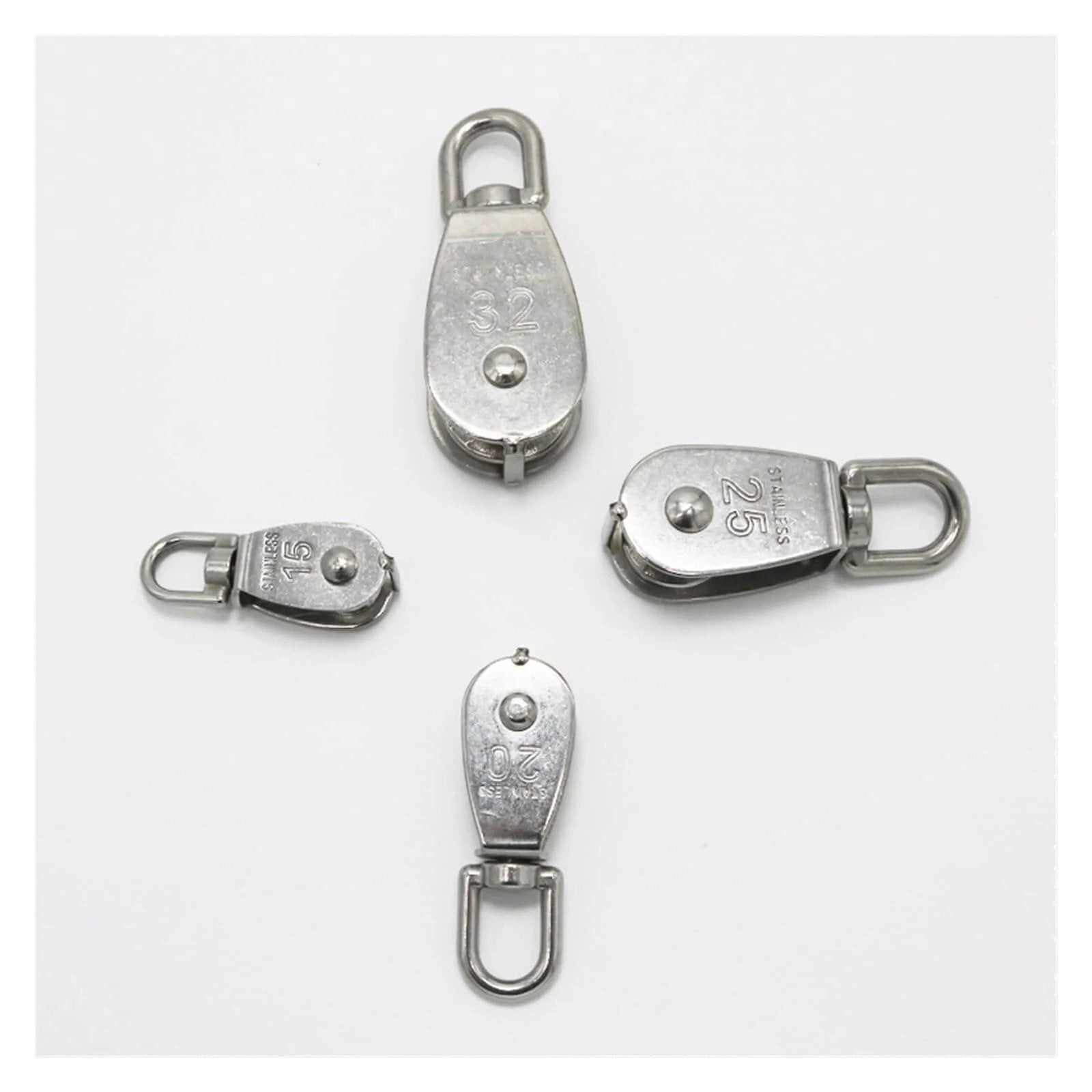 Single Swivel Lifting 0.3" Rope Pulley Roller Block Sheave 0.03 Ton(M20 Double) in 304 stainless steel, top view, set of four.