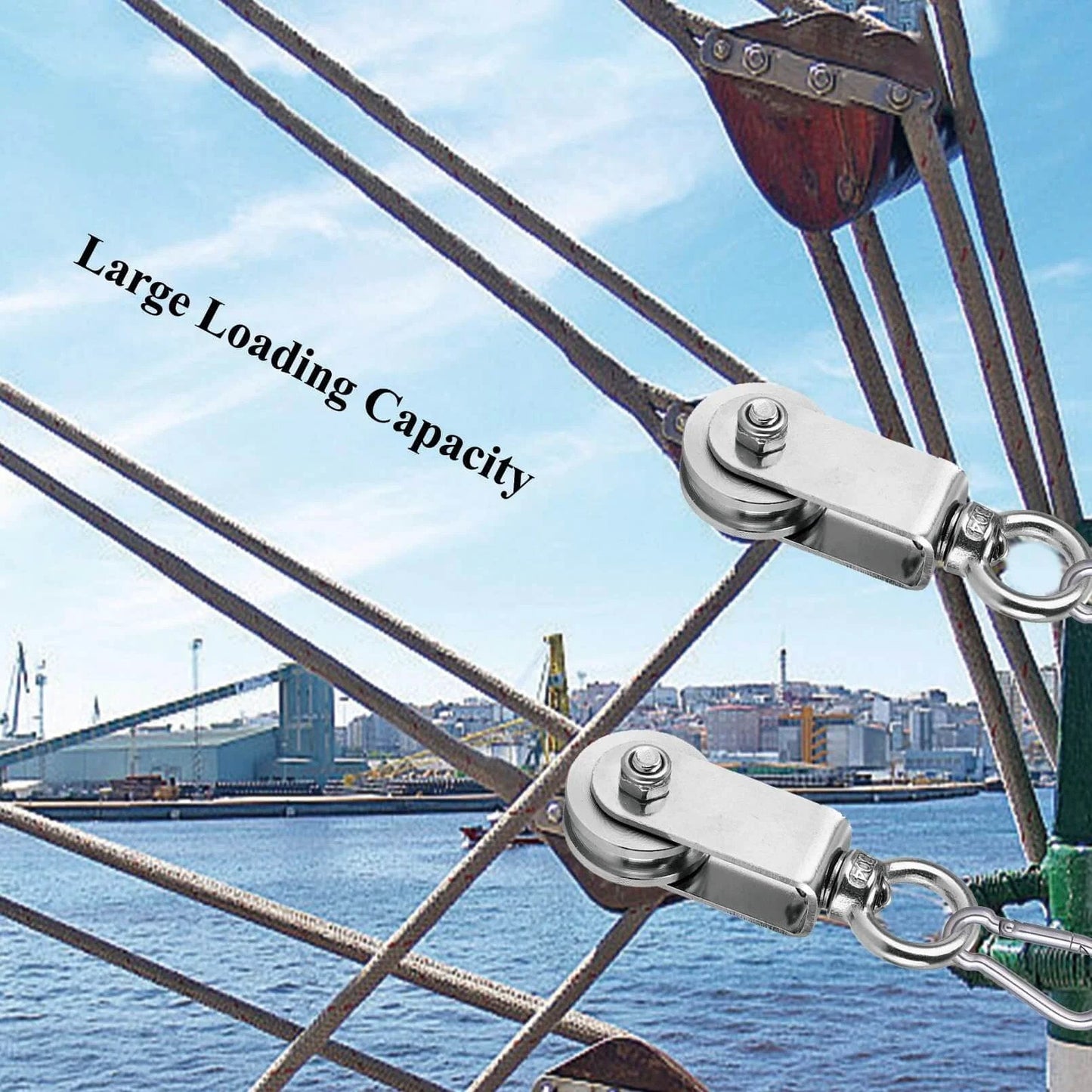 Pulley Wheel U Swivel Roller Stainless Steel Cable Pulley Block 360 Degree Rotating Rope Wheel installed in nautical setting