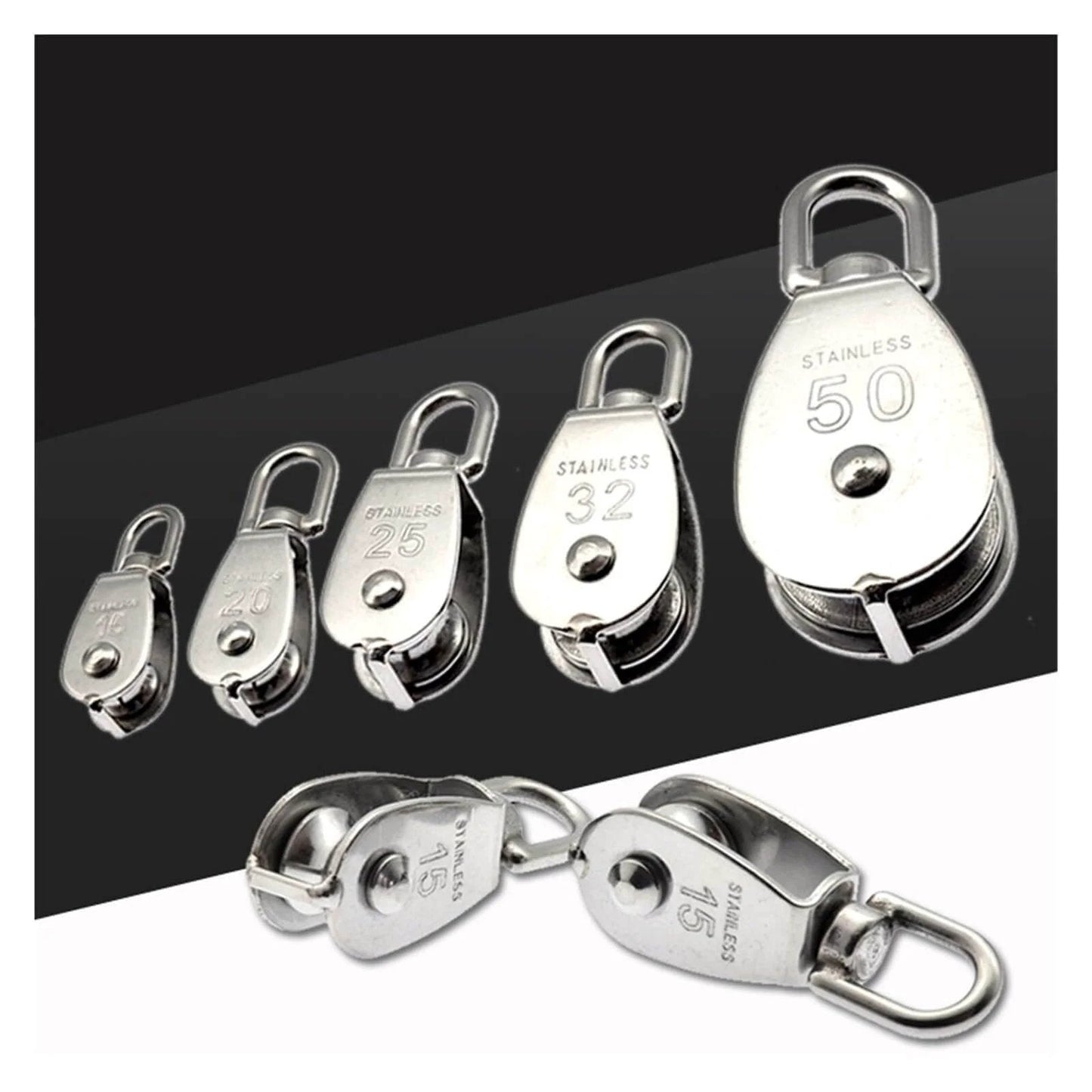 Various sizes of stainless steel pulleys, including Stainless Steel Pulley M20 Single Wheel Swivel Lifting Rope Pulley Set Lifting Wheel Tools(M20).