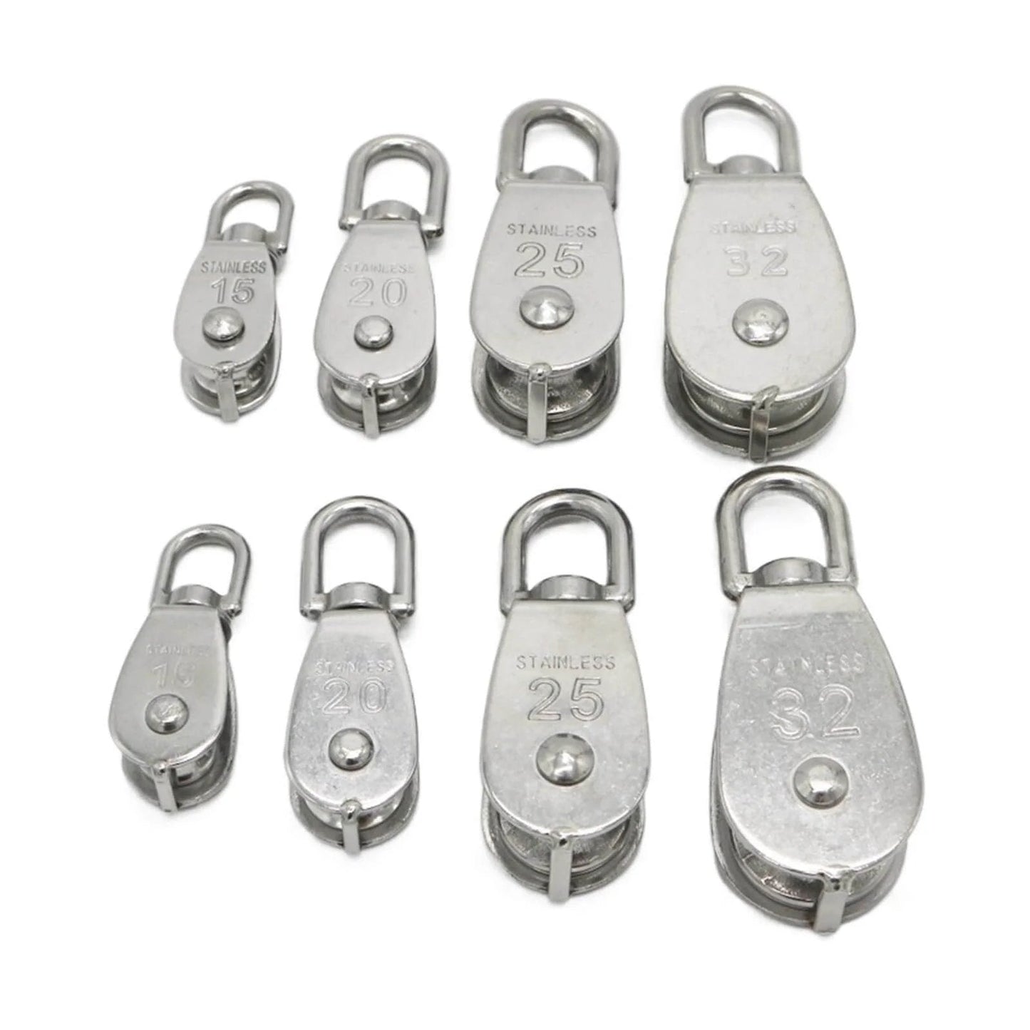 Single Swivel Lifting 0.3" Rope Pulley Roller Block Sheave 0.03 Ton(M20 Double) with varying sizes in stainless steel.