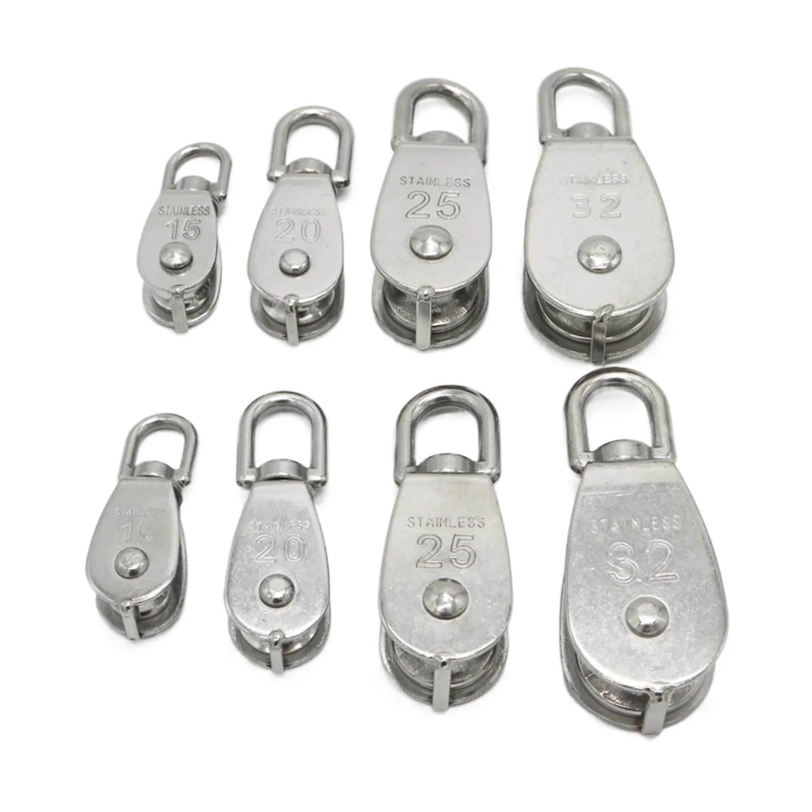 Single Swivel Lifting 0.3" Rope Pulley Roller Block Sheave 0.03 Ton(M20 Double) with varying sizes in stainless steel.