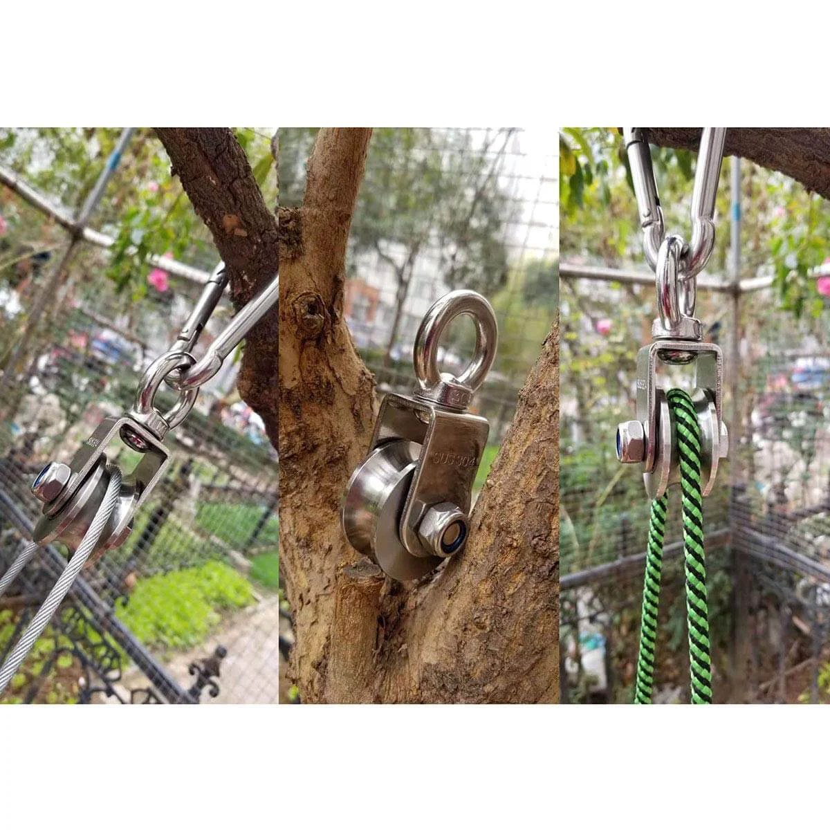 U Type Swivel Pulley 304 Stainless Steel Duplex Bearing Super-Silent Detachable 360 Degree Rotation Heavy Duty Traction Wheel attached to ropes and trees