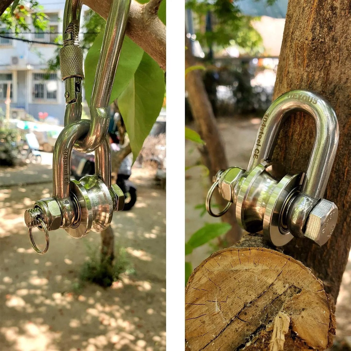 Side view of Long Unbuckled U Shaped Swivelling Pulley Stainless Steel Duplex Bearing Silver Pulley in outdoor setting