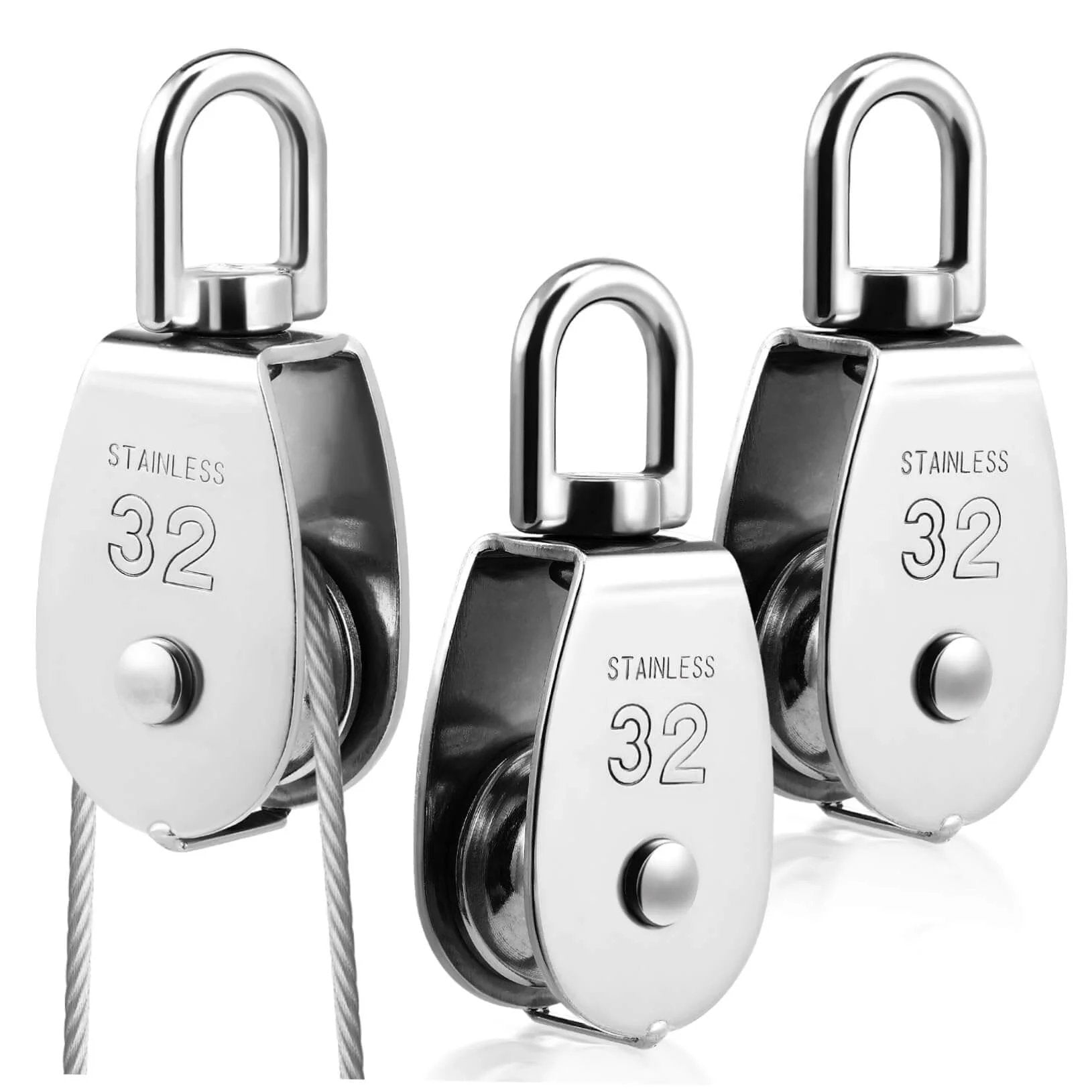 3pcs Stainless Steel Pulley Heavy Duty Single Block Swivel Cable Pulley for Lifting and Rigging Applications, front view