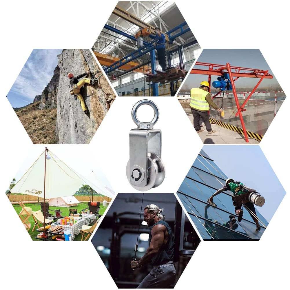 Cable Pulley Wheel Stainless Steel Swivel Pulley Block used in various lifting and gym equipment settings, featuring a shiny steel finish.