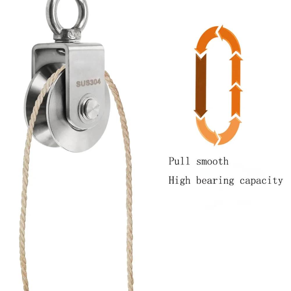 2 Inch U-Type Pulleys for Rope, Stainless Steel M10 Swivel Pulley Block with Bearing, side view with rope installed