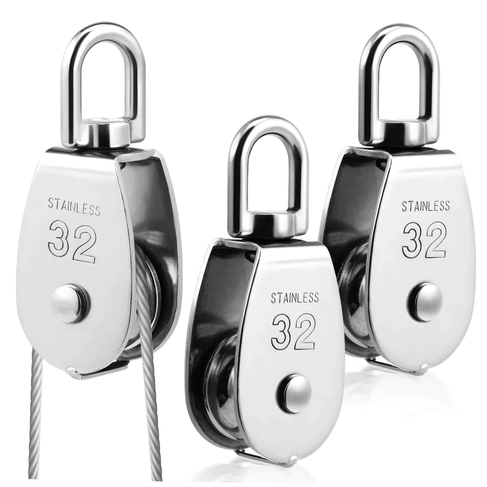 Three stainless steel swivel pulleys with wire ropes for heavy lifting, marked with '32', suitable for construction DIY projects.