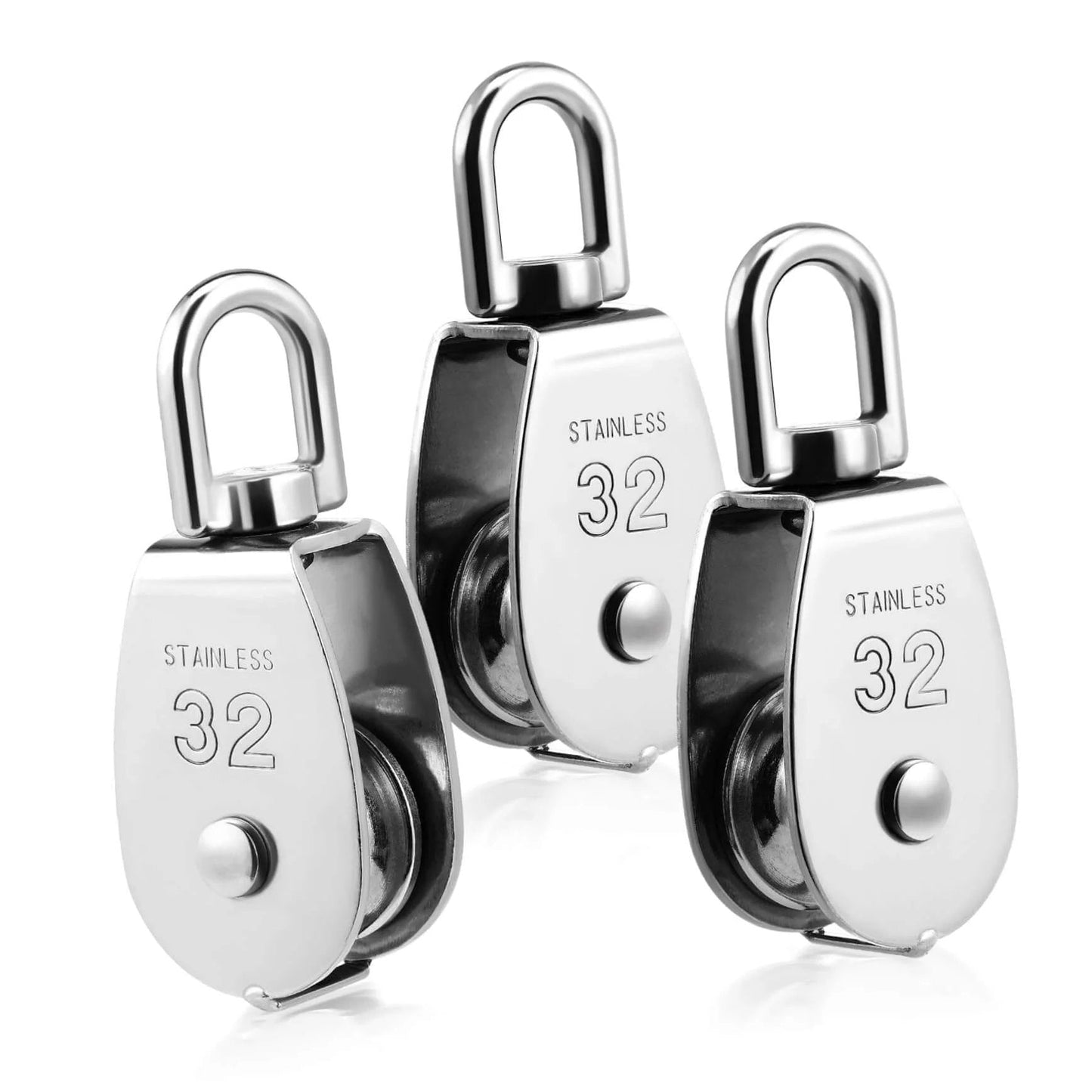 3pcs Stainless Steel Pulley Single Block Heavy Duty Cable Pulley for Rope Swivel Roller in three-quarter view