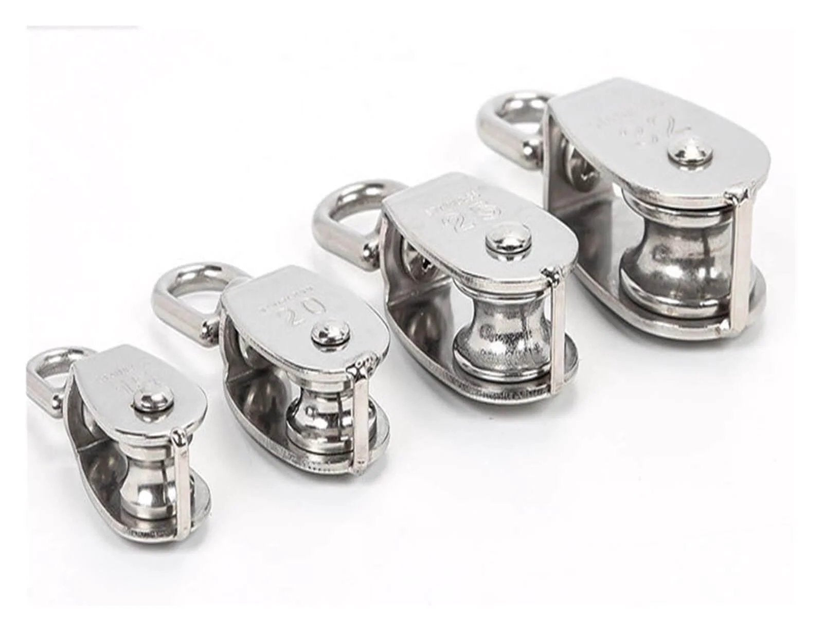 Stainless Steel Pulley M32 Single Wheel Swivel Lifting Rope Pulley Set Lifting Wheel Tools(M32) showing different sizes aligned on white background.