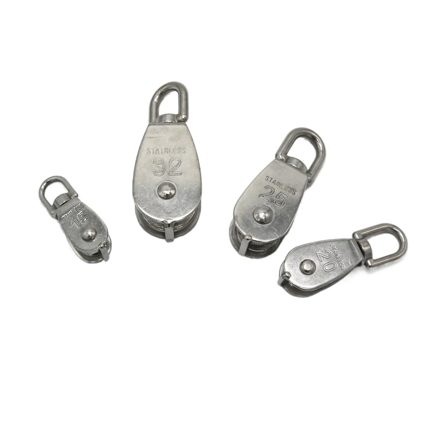Set of four stainless steel Single Swivel Lifting 0.3" Rope Pulley Roller Block Sheave 0.03 Ton(M20 Double) in various sizes