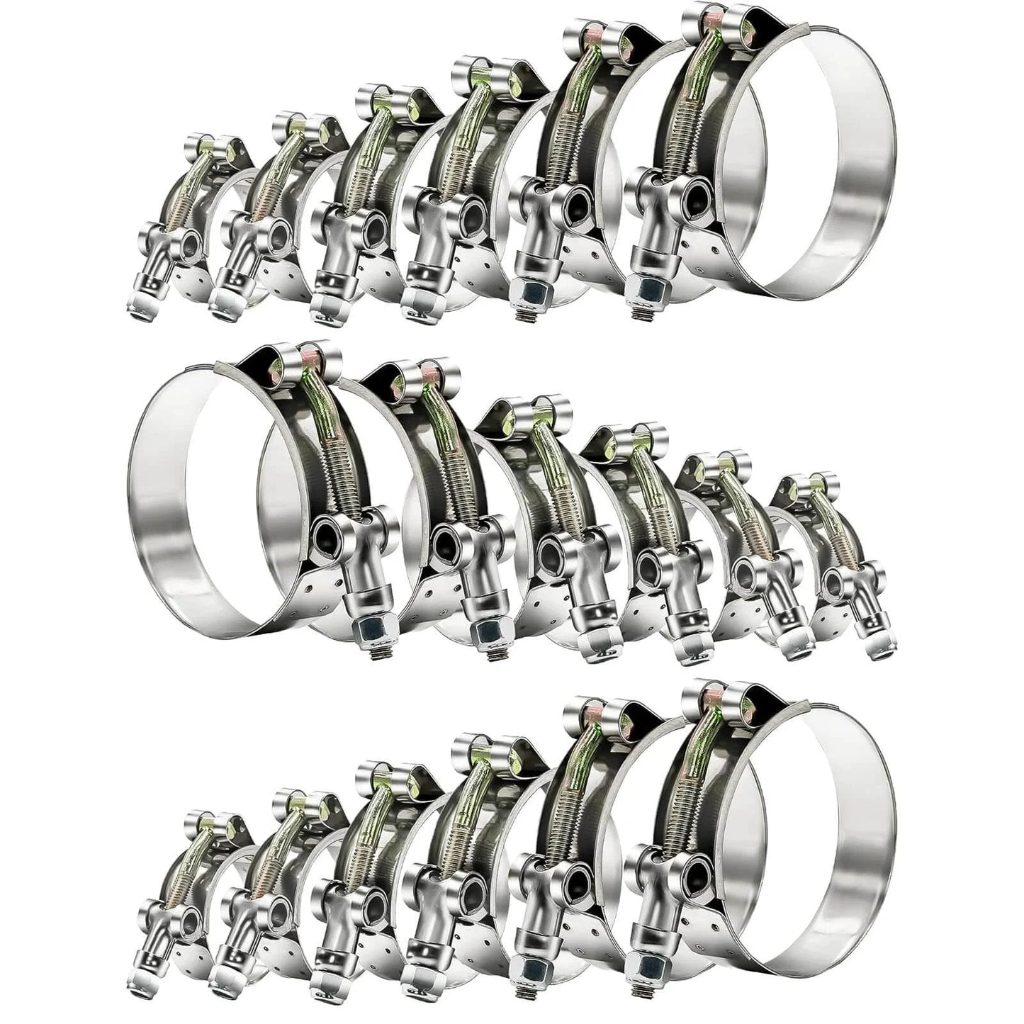 18 Pcs T Bolt Hose Clamp Kit Stainless Steel 304 Heavy Duty Clamps For Radiator Turbo Intercooler Hoses Includes Six Sizes From Three Quarter Inch To Two Inch Working Range Twenty Eight To Sixty Four Millimeter Hose ID