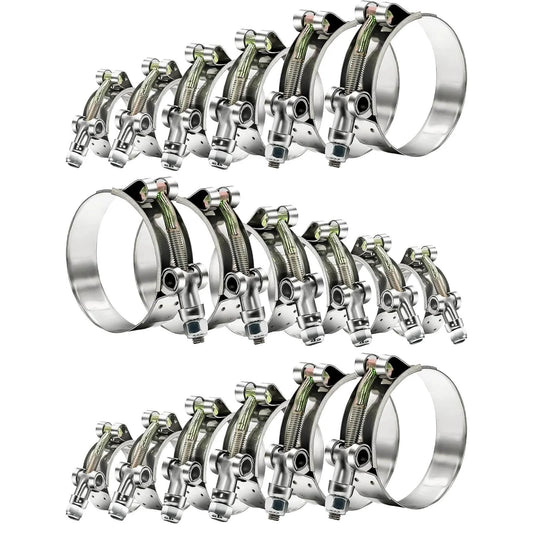18 Pcs T Bolt Hose Clamp Kit Stainless Steel 304 Heavy Duty Clamps For Radiator Turbo Intercooler Hoses Includes Six Sizes From Three Quarter Inch To Two Inch Working Range Twenty Eight To Sixty Four Millimeter Hose ID