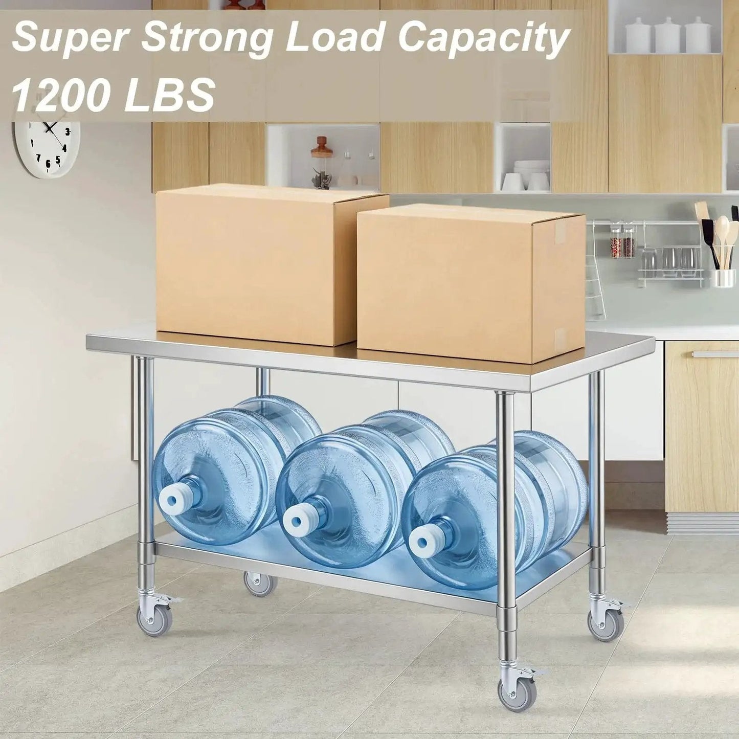 Four Inch Universal Adjustable Caster Wheels Set With Brakes For Tube Legs From 7/8 Inch To 1-5/8 Inch supporting a heavy stainless steel table with bottles and boxes