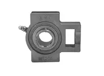 Front view of Single 5/8 in (15.88 mm) Stainless Steel Set-Screw Take-Up Ball Bearing for Washdown with nickel-plated cast iron housing.