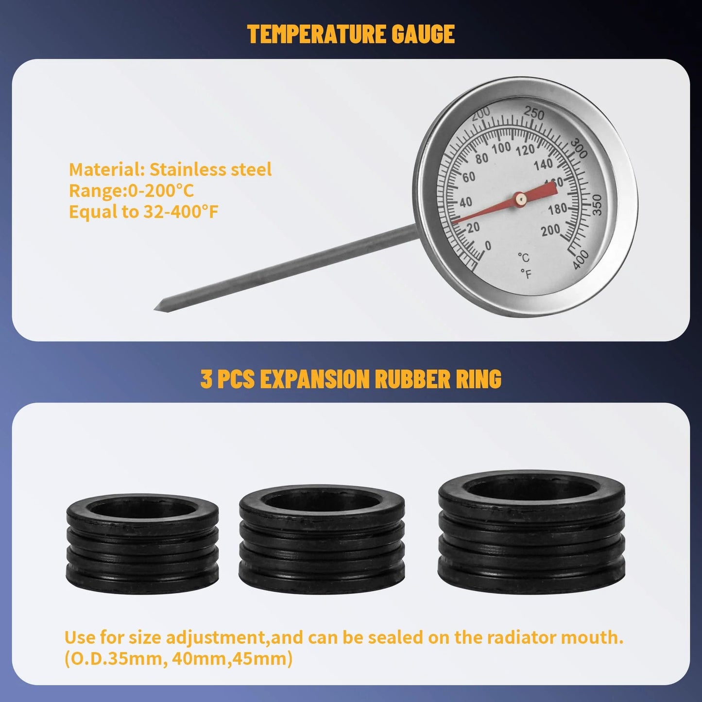 Universal 34 Piece Radiator Pressure Tester Kit With Vacuum Refill For Automotive Cooling System Leaks Detection And Vacuum Purge Comes In A Thick Blow Molded Toolbox To Keep Every Tool Secure Includes Test Caps And Vacuum Pump For Fast Diagnostics displaying a stainless steel temperature gauge and three rubber expansion rings.