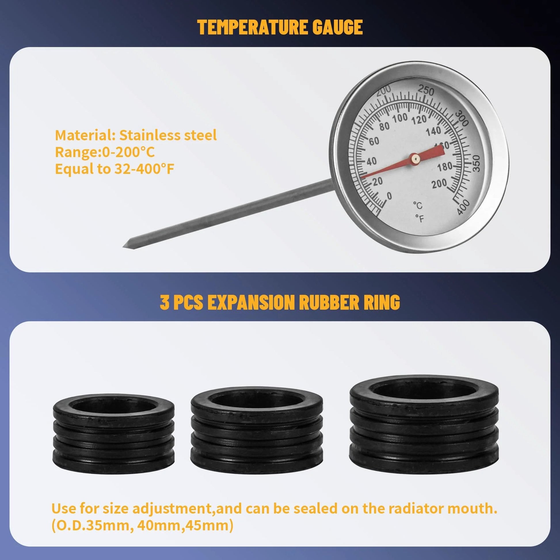 Universal 34 Piece Radiator Pressure Tester Kit With Vacuum Refill For Automotive Cooling System Leaks Detection And Vacuum Purge Comes In A Thick Blow Molded Toolbox To Keep Every Tool Secure Includes Test Caps And Vacuum Pump For Fast Diagnostics displaying a stainless steel temperature gauge and three rubber expansion rings.