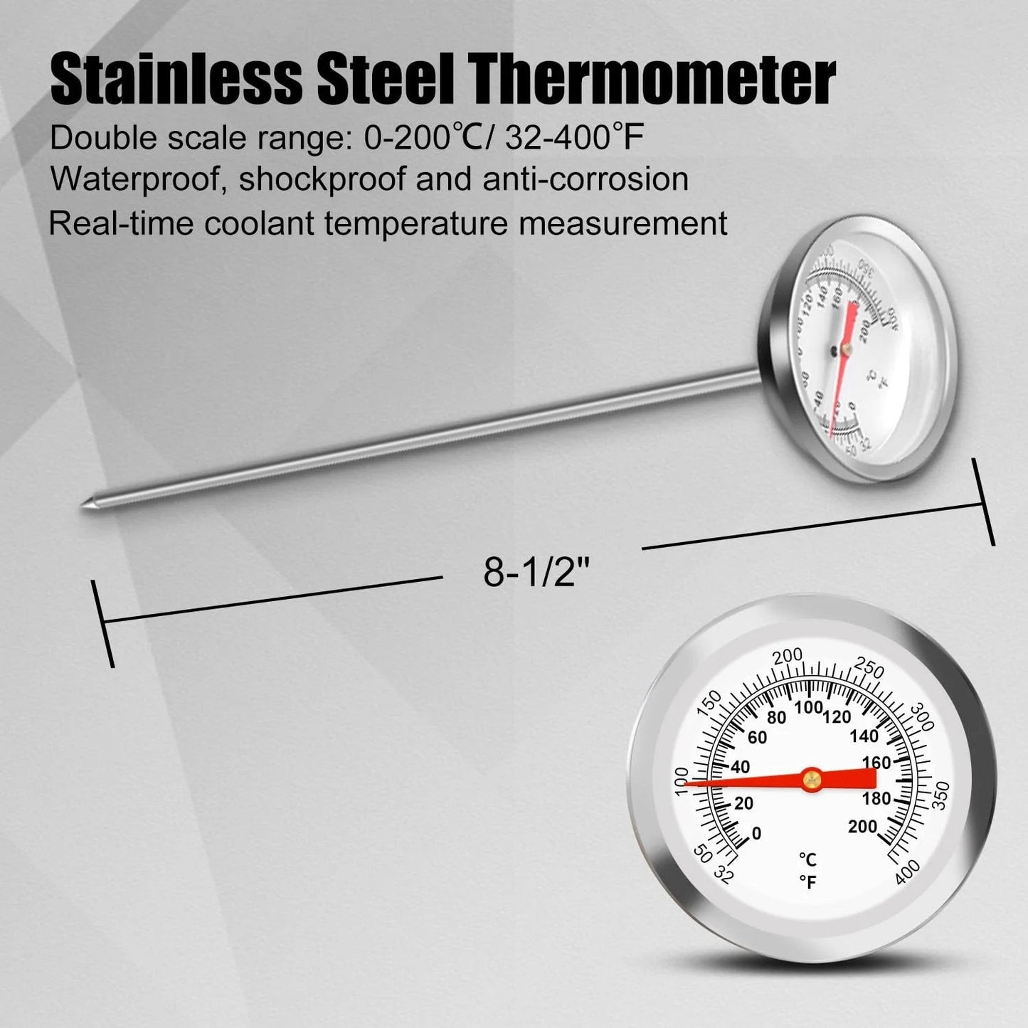 Stainless Steel Thermometer with double scale range 0-200°C and 32-400°F, designed for coolant temperature measurement.
