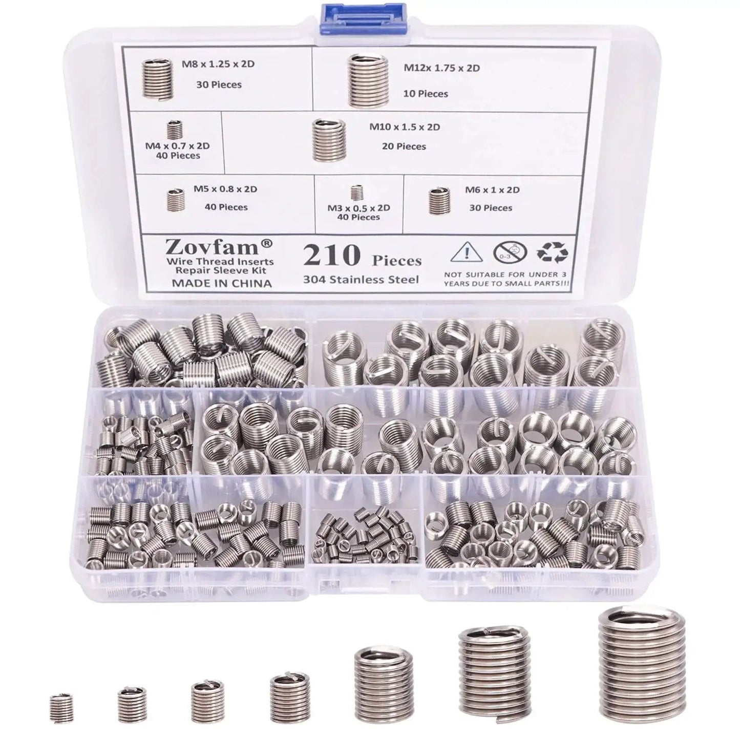 Pro Grade Wire Thread Inserts Kit In 304 Stainless Steel Assortment For Metric M3 Through M12 Sizes in open box with 210 pieces