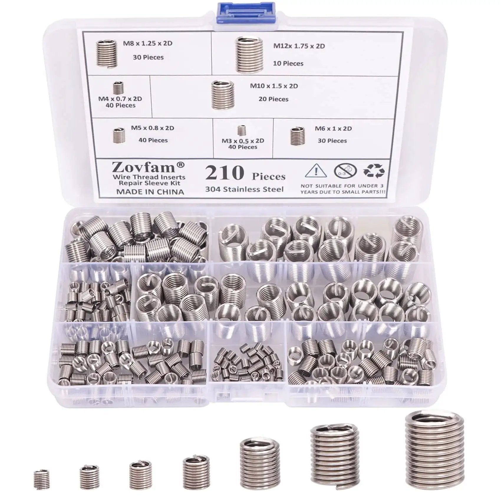 Pro Grade Wire Thread Inserts Kit In 304 Stainless Steel Assortment For Metric M3 Through M12 Sizes in open box with 210 pieces