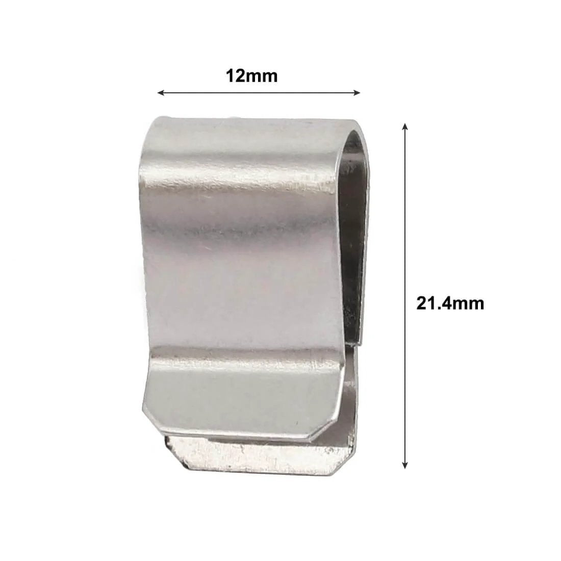 Close-up of a 20pcs Stainless Steel Spring U Clip Silver Tone 21.4mm x 12mm with dimension markings